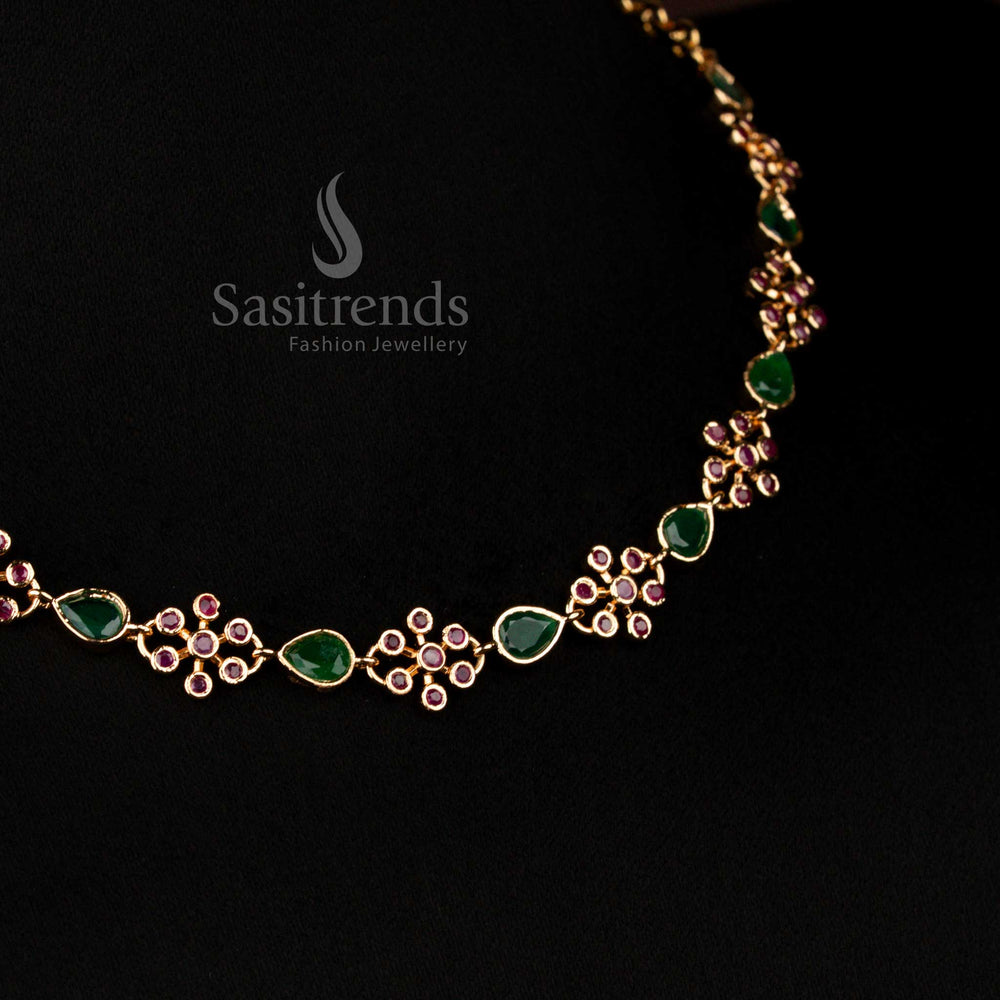 Opulent floral necklace in micro gold plated finish with ruby-green teardrop American diamond – Sasitrends.