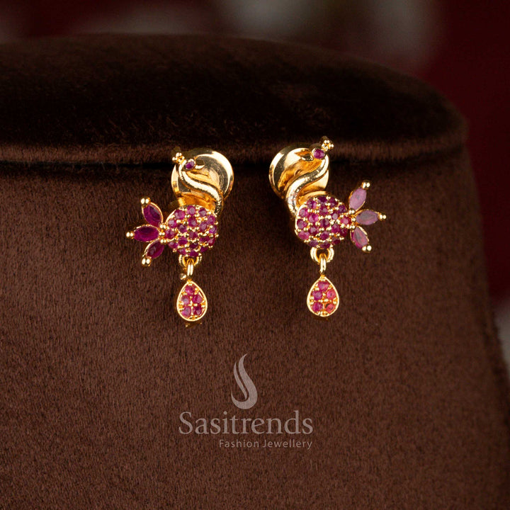 Opulent micro gold plated peacock pendant necklace in ruby red adorned with sparkling gemstones and pearls, exquisite one gram jewellery – Sasitrends