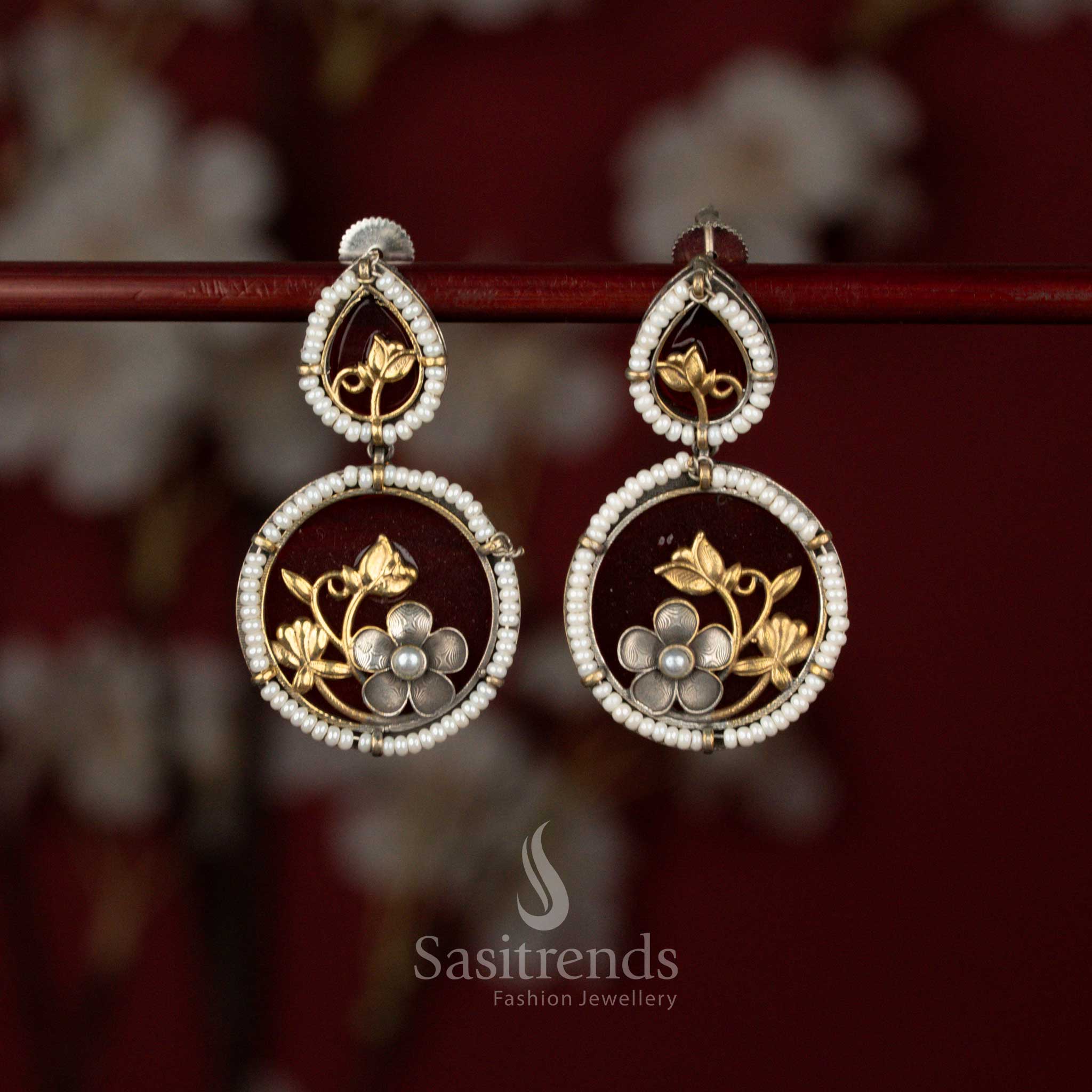 Regal oxidised German silver earrings with pearl border and maroon accents ideal for office wear and traditional outfits – Sasitrends