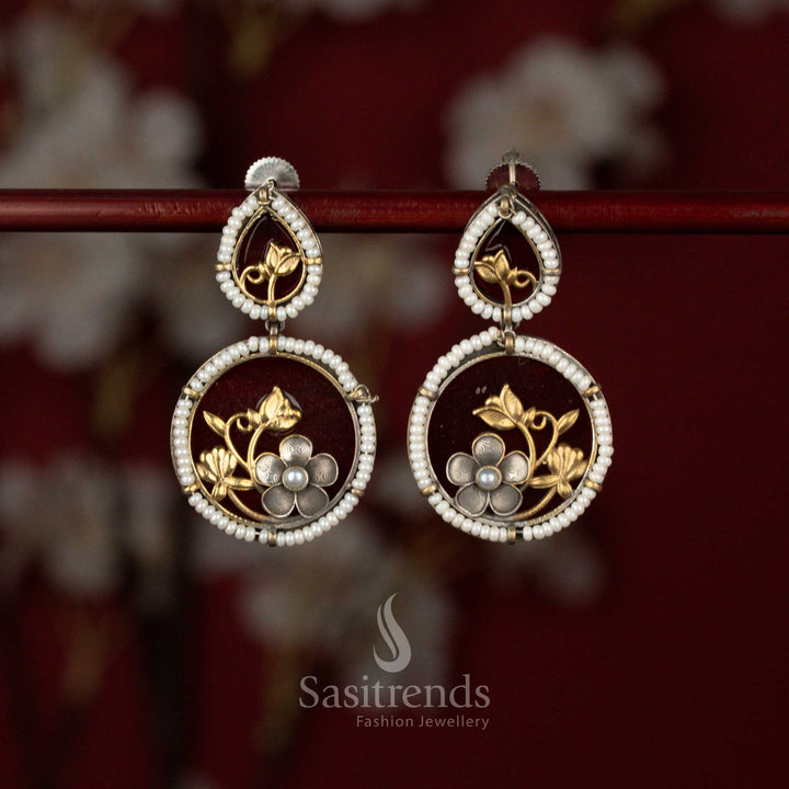 Regal oxidised German silver earrings with pearl border and maroon accents ideal for office wear and traditional outfits – Sasitrends