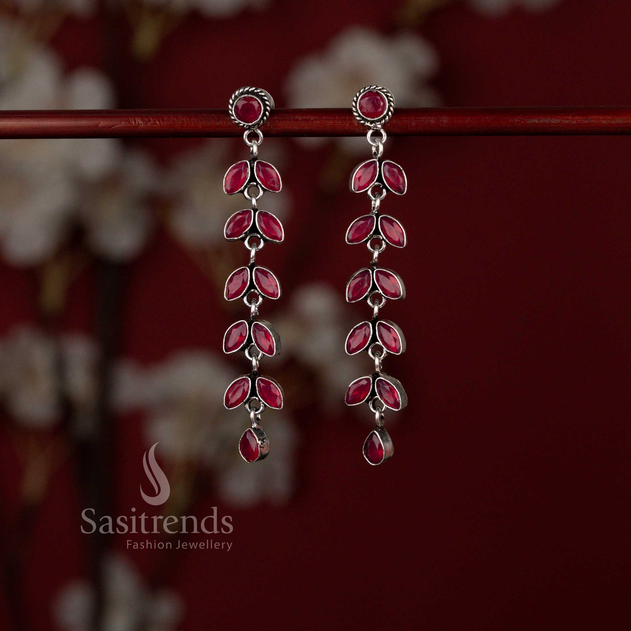 Regal oxidised linear drop earrings with rich ruby tone suited for ethnic dressing and functions – Sasitrends