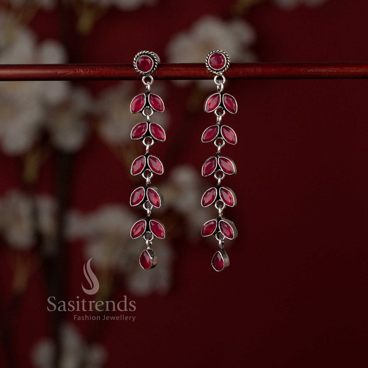 Regal oxidised linear drop earrings with rich ruby tone suited for ethnic dressing and functions – Sasitrends