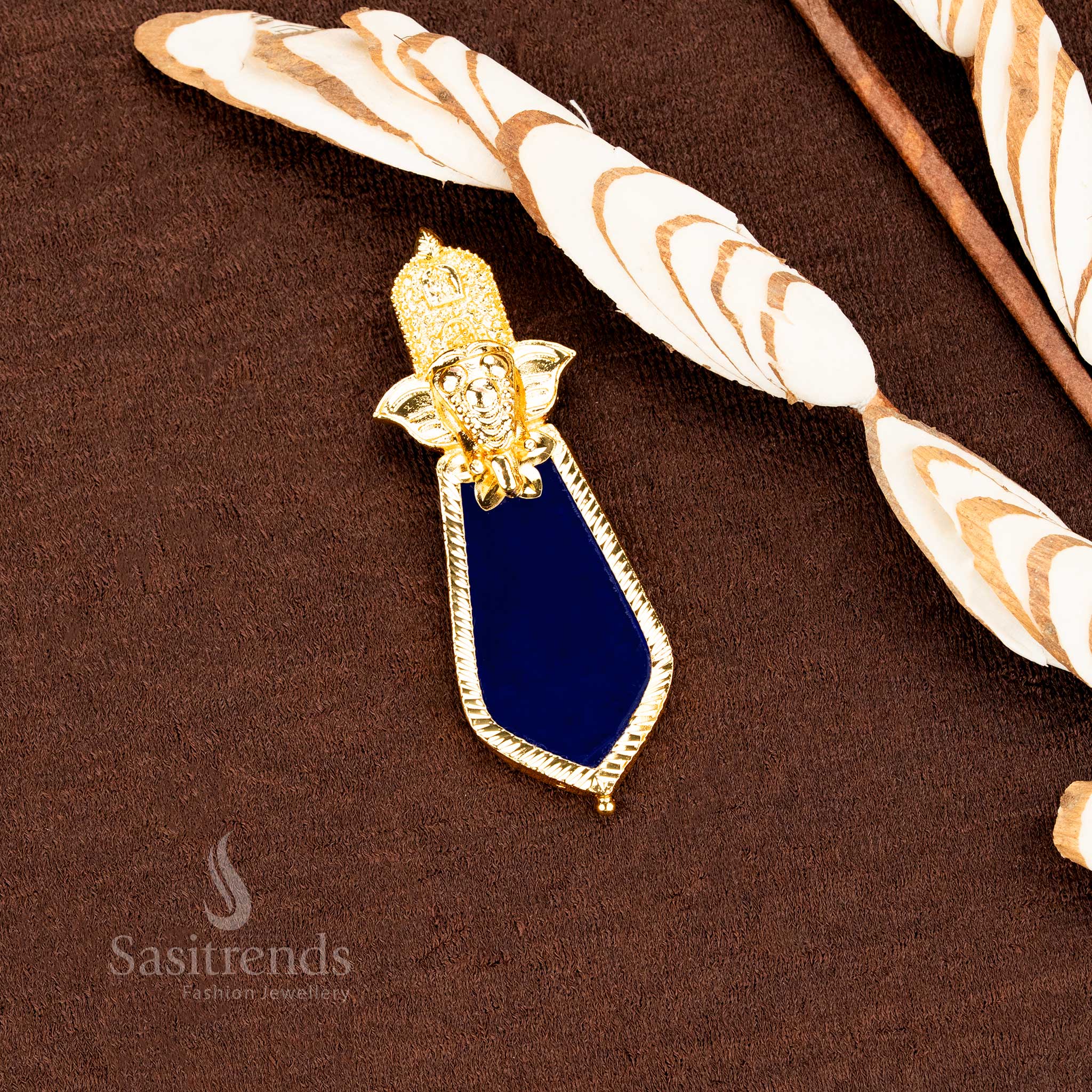 Temple Style Micro Gold Plated Elephant Head Vinayagar Pendant embellished with Regal Sapphire Blue Nagapadam accents, exuding traditional Kerala jewellery magnificence - Sasitrends