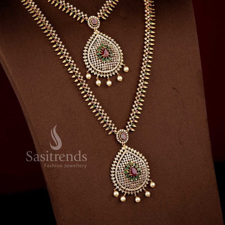 Vionelle spark long and short dual strand necklace featuring brilliant American diamond teardrop elements with vibrant multi stone detailing in matte gold finish – Sasitrends
