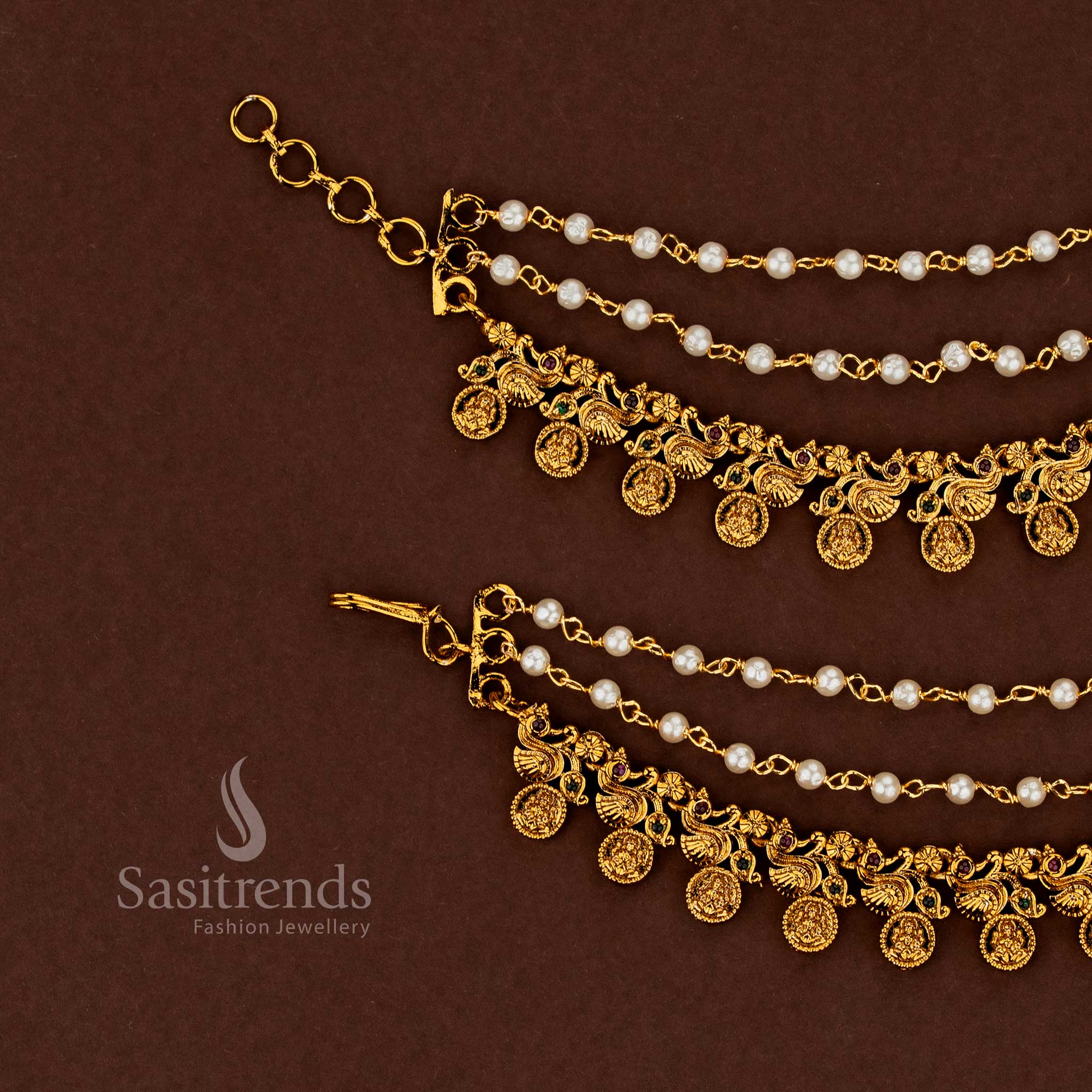 Sampradaya heritage peacock Lakshmi temple matte gold plated American diamond matils adorned with ruby and green gemstone harmony finished with lustrous pearl accents for bridal traditions - Sasitrends