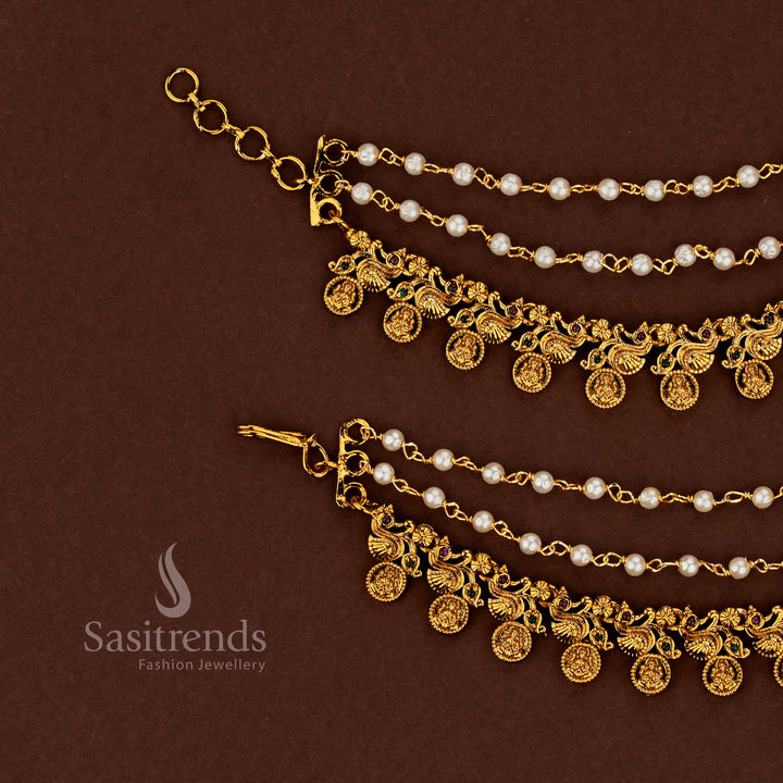 Sampradaya heritage peacock Lakshmi temple matte gold plated American diamond matils adorned with ruby and green gemstone harmony finished with lustrous pearl accents for bridal traditions - Sasitrends