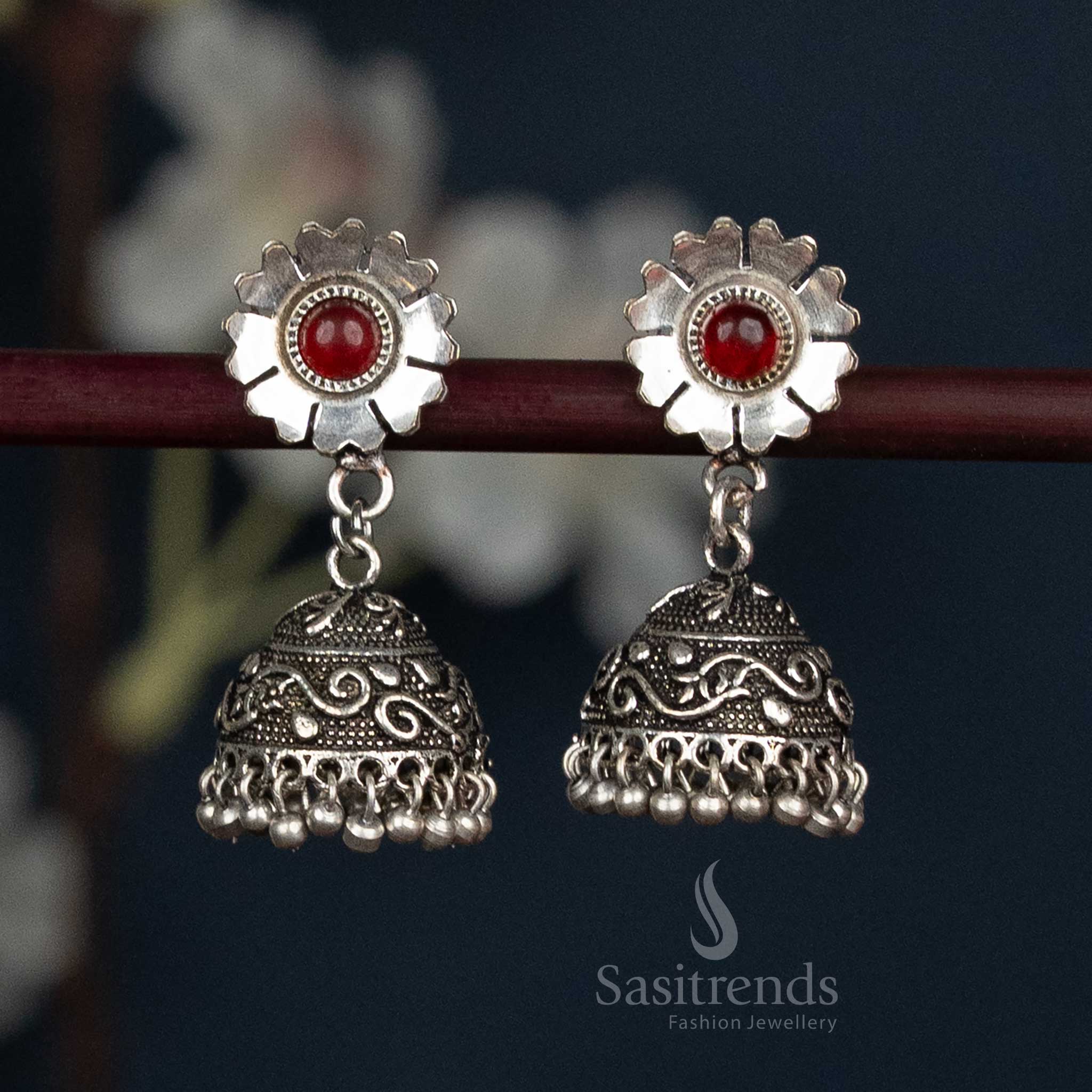 Oxidised Floral Stud Jhumka Earrings With Swirl Dome And Ball Fringe In Sophisticated Maroon Colour, Elegant Handcrafted Jewellery With Vintage Accents For Traditional Events – Sasitrends