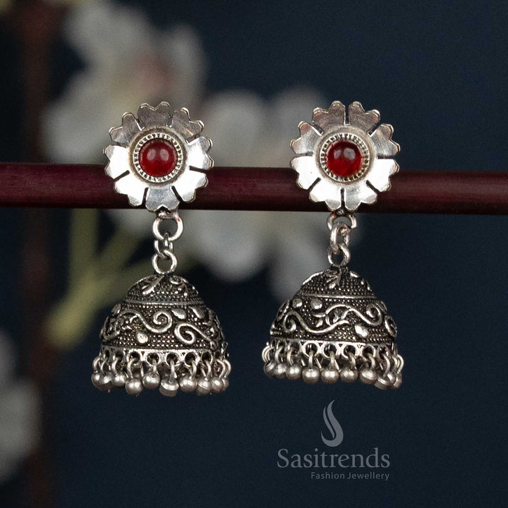 Oxidised Floral Stud Jhumka Earrings With Swirl Dome And Ball Fringe In Sophisticated Maroon Colour, Elegant Handcrafted Jewellery With Vintage Accents For Traditional Events – Sasitrends