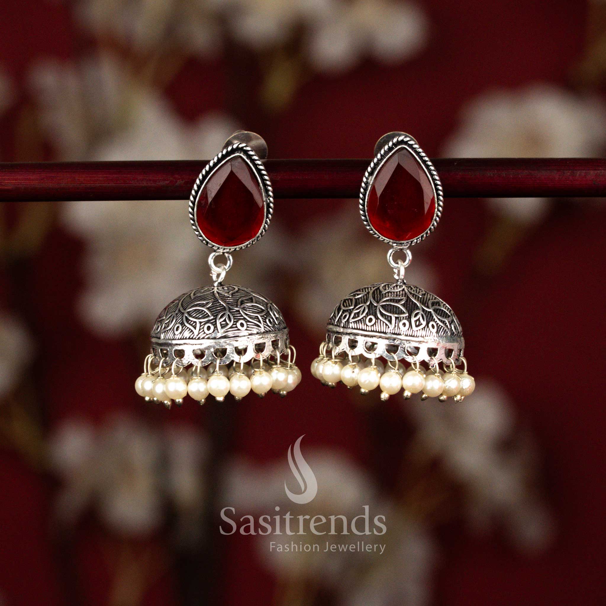 Stylish oxidised Monalisa teardrop jhumka earrings in maroon colour designed for sarees, kurti sets and traditional celebrations – Sasitrends