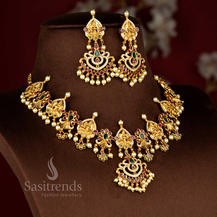 Traditional Bridal Lakshmi & AD Stones Temple Matte Gold Plated Pearl Necklace Jewellery Set for Women | Sasitrends