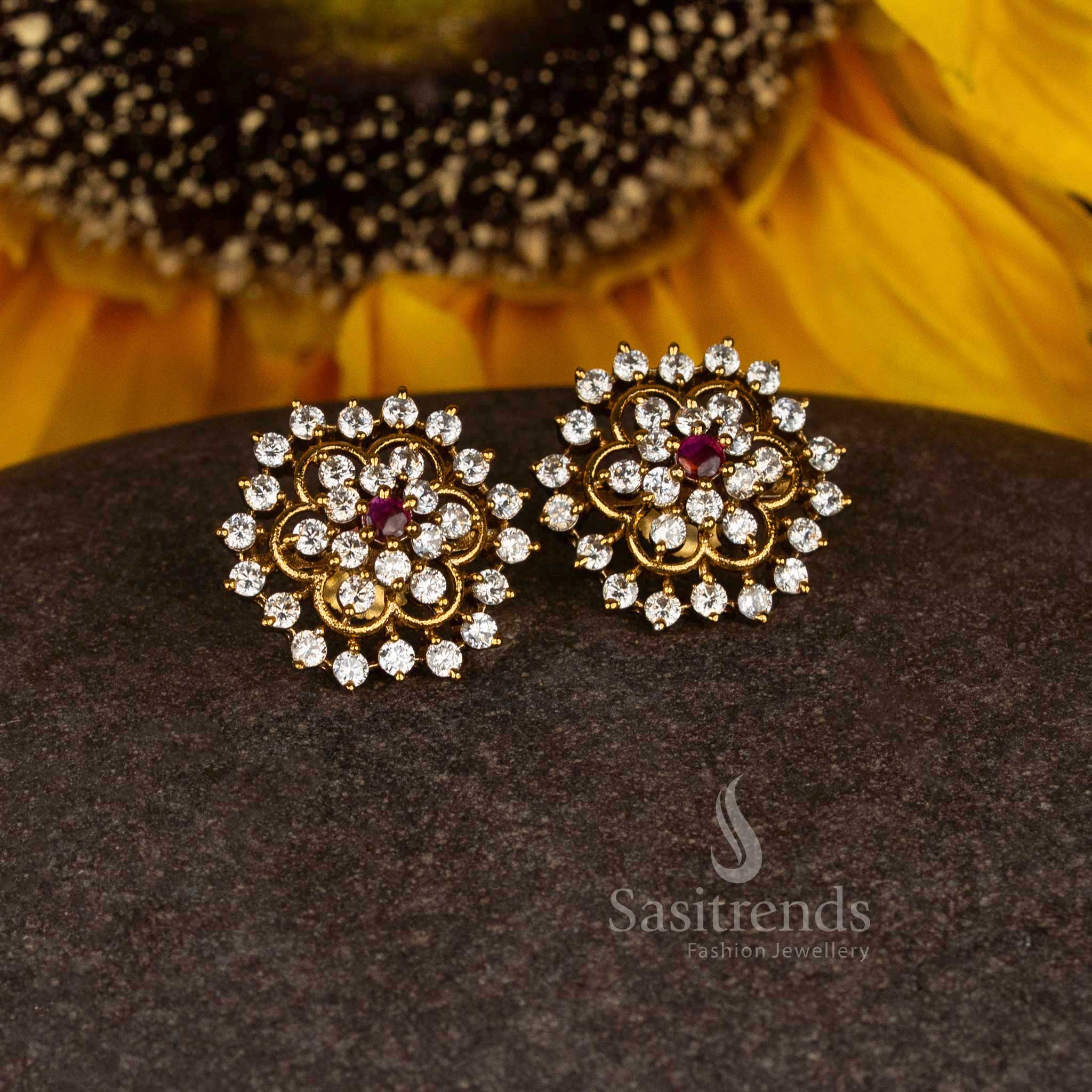 Delicate ethereal bloom matte gold plated temple circular floral stud earrings with white-ruby accents showcasing traditional artistry - Sasitrends