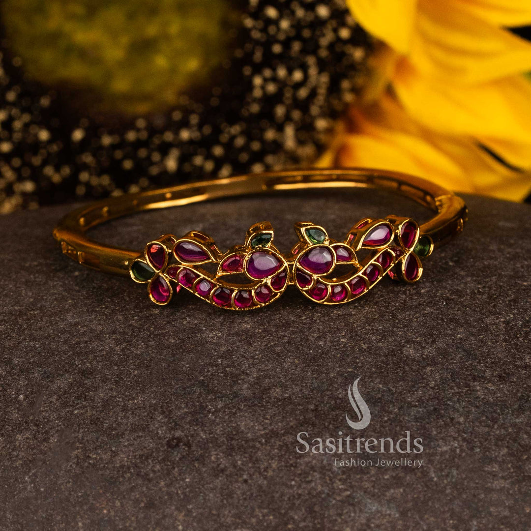 Stunning matte gold plated dual peacock stone openable bracelet with ruby-green accents and intricate temple-inspired craftsmanship - Sasitrends