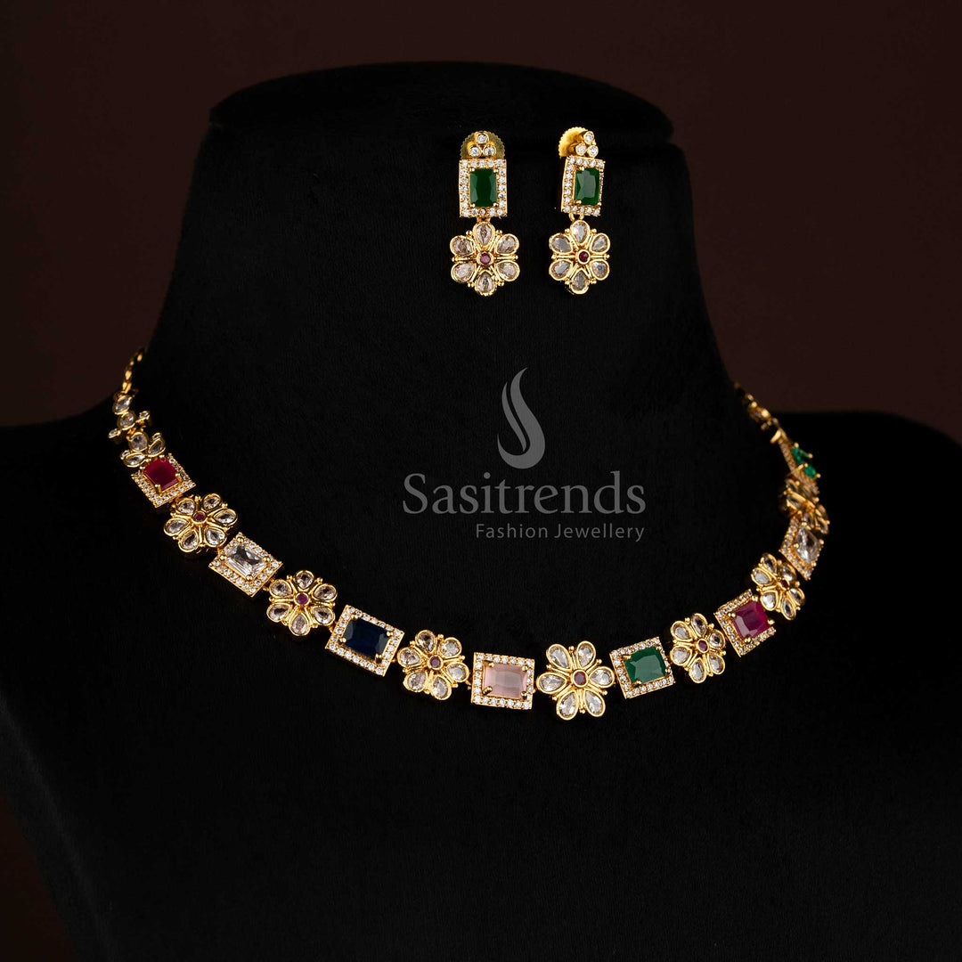 Majestic matte gold plated floral necklace set enriched with rectangular Multi American Diamond stones, crafted to complement festive grandwear with radiant ornamental charm – Sasitrends