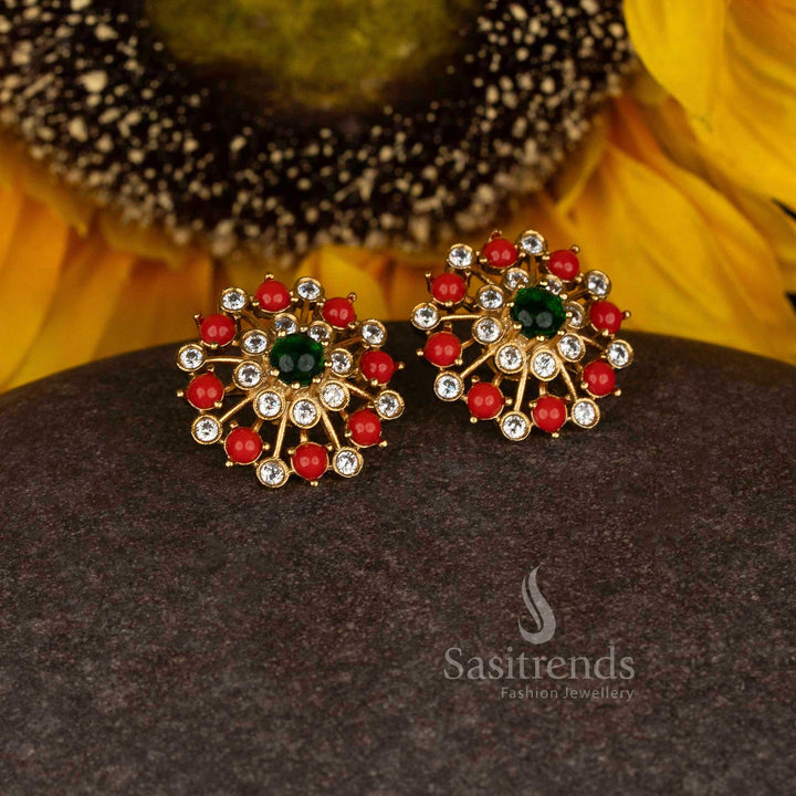 Sunlit Blossom Matte Gold Plated Temple Floral Sunburst Stud Earrings with Pavalam and Stone Accents
