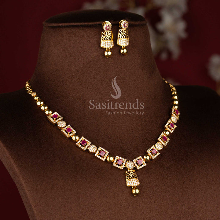 Matte gold plated geometric square motif necklace jewellery set enhanced with white ruby American diamond stones – Sasitrends