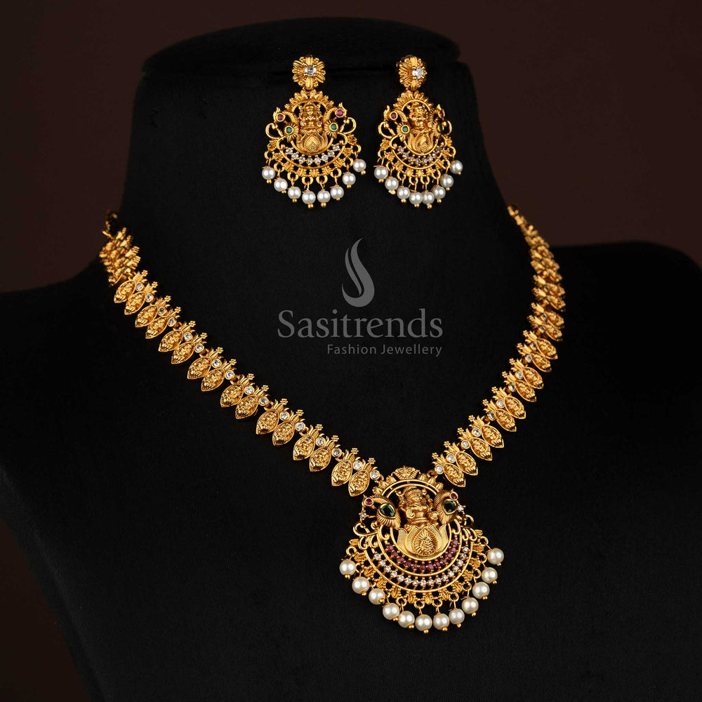 Splendid premium matte gold plated Lakshmi lotus necklace set featuring colourful stone ornamentation, ideal for traditional festive occasions and wedding jewellery - Sasitrends