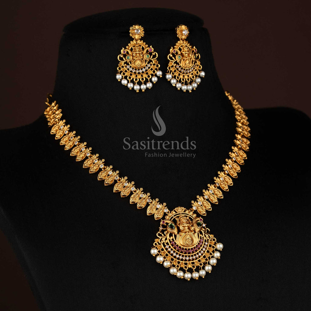 Splendid premium matte gold plated Lakshmi lotus necklace set featuring colourful stone ornamentation, ideal for traditional festive occasions and wedding jewellery - Sasitrends