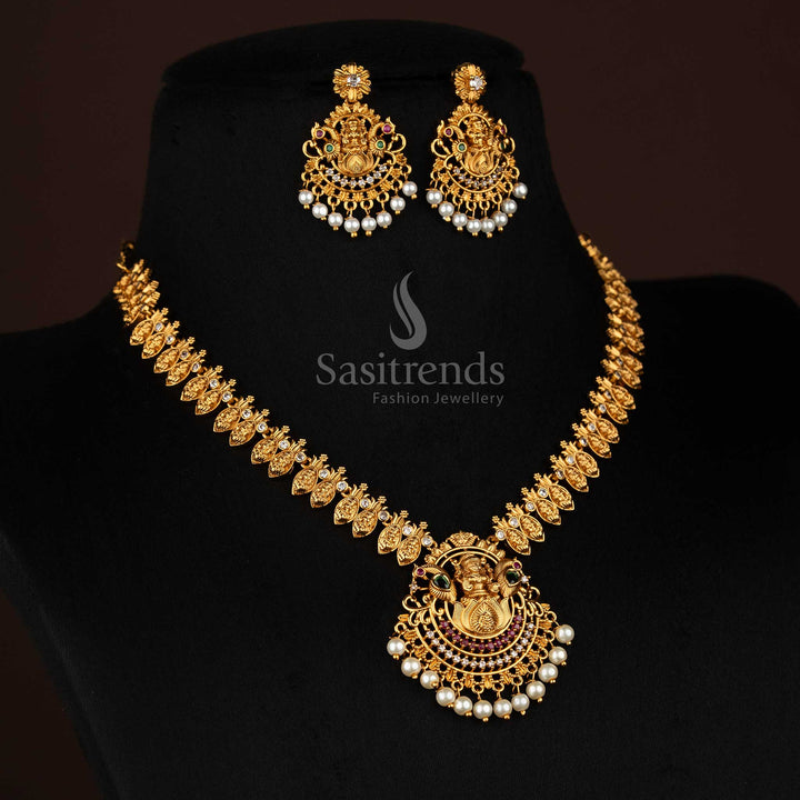 Radiant Premium Matte Gold Plated Lakshmi Lotus Floral Temple Jewellery Set with Pearls for Weddings & Festivals