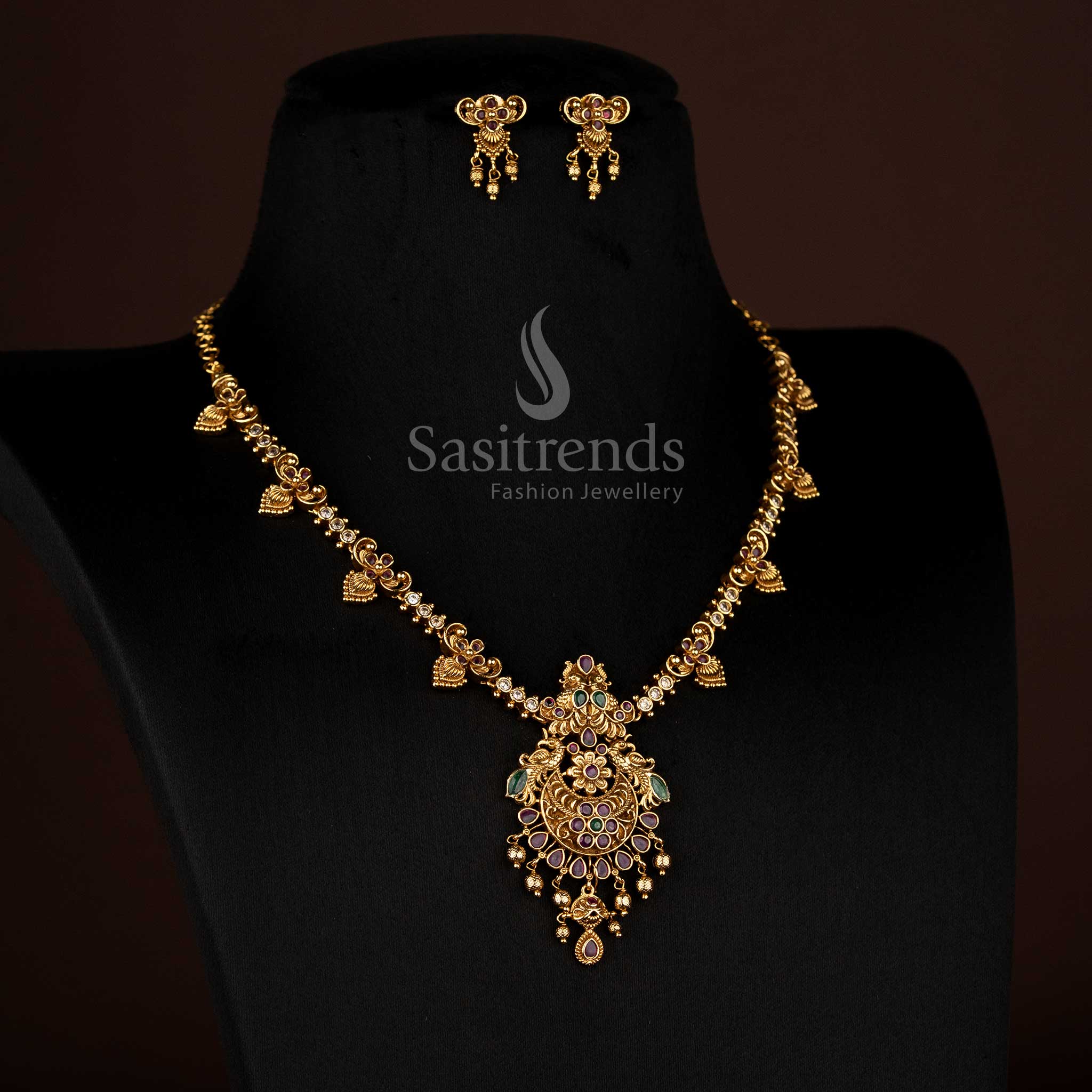Radiant Premium Matte Gold Plated AD Peacock and Floral Necklace with Teardrop Stones, Perfectly Designed for Festive and Traditional Jewellery – Sasitrends