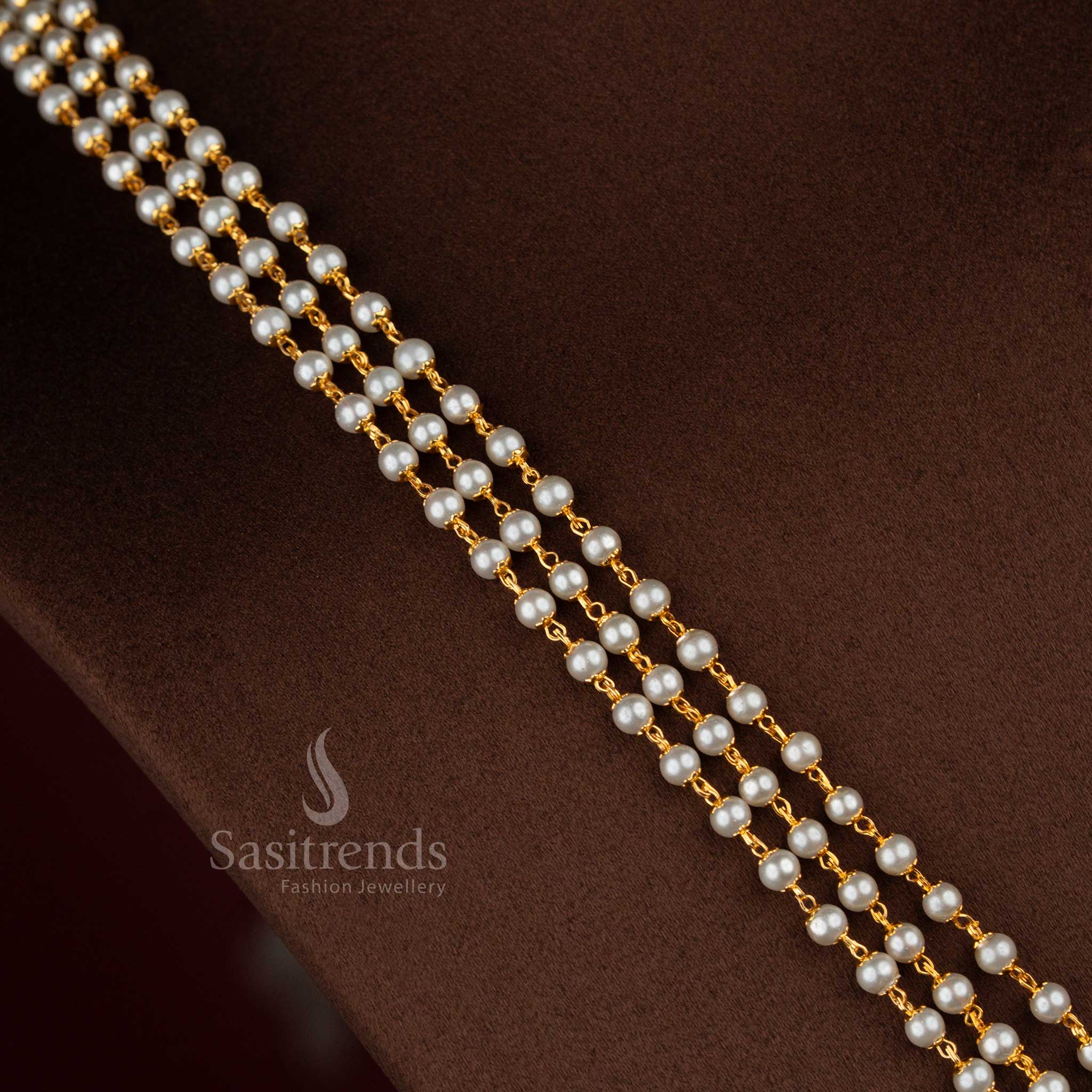 Sacred elegance temple matte gold plated triple layer pearl long haram necklace suitable for traditional celebrations, temple visits, and ceremonial wear – Sasitrends