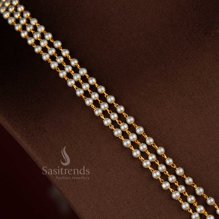 Sacred elegance temple matte gold plated triple layer pearl long haram necklace suitable for traditional celebrations, temple visits, and ceremonial wear – Sasitrends