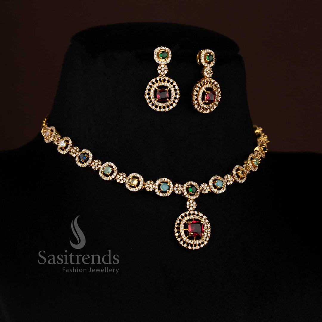 Magnificent matte gold plated AD multi-colour round stone necklace set enriched with regal ornamental carvings, crafted to bring majestic splendour to cultural festive attire – Sasitrends
