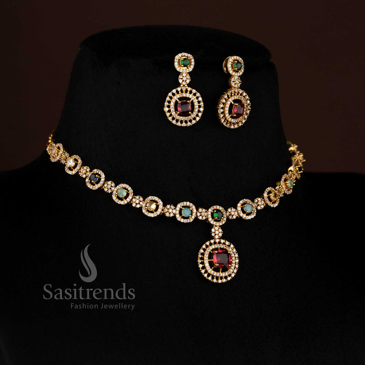 Magnificent matte gold plated AD multi-colour round stone necklace set enriched with regal ornamental carvings, crafted to bring majestic splendour to cultural festive attire – Sasitrends