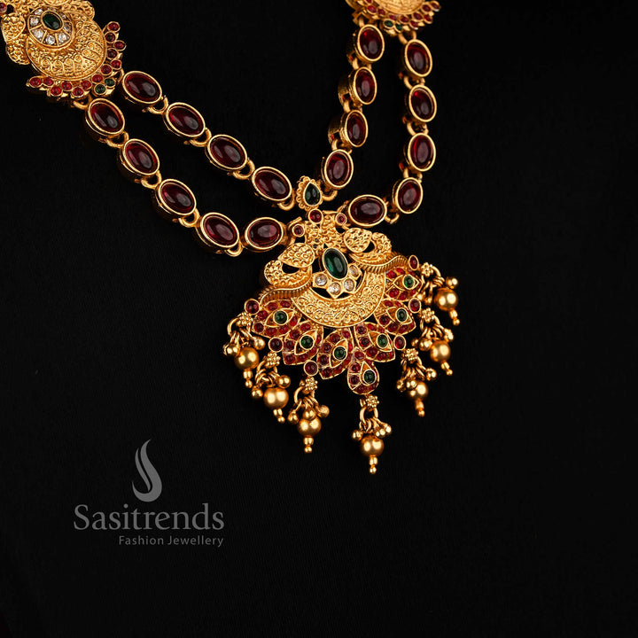 Multi dual peacock necklace set with classic matte gold plating, oval and teardrop stones, golden beads for ethnic and festive occasions jewellery – Sasitrends
