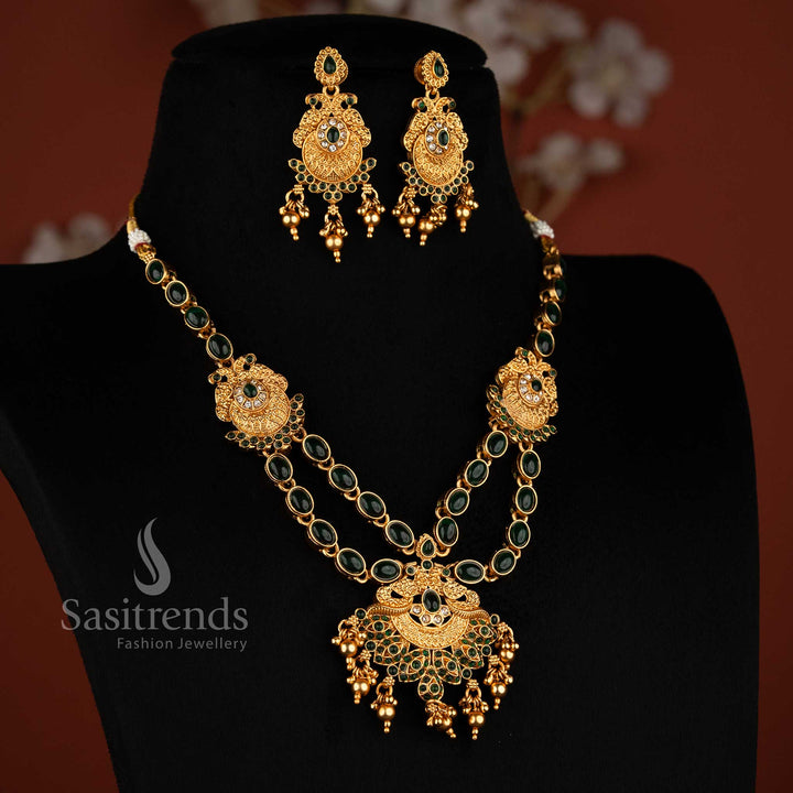 White-green dual peacock necklace with classic matte gold plating, oval and teardrop stones, golden beads for traditional festive wear jewellery – Sasitrends
