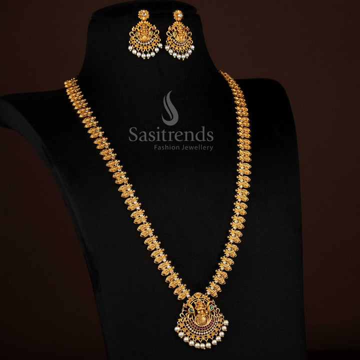Enchanted matte gold plated dual peacock necklace with Lakshmi lotus floral pattern and vibrant multi-coloured stones for festive wedding jewellery - Sasitrends