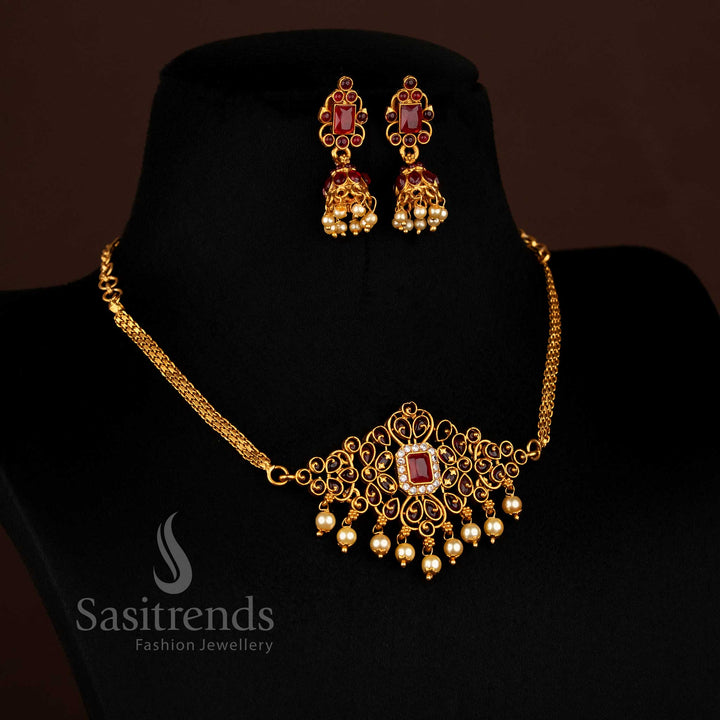 Traditional Matte Gold White-Ruby Floral Rectangular Stone Choker Necklace Set beautifully designed with pearl edge finishing, ideal for devotional events — Sasitrends