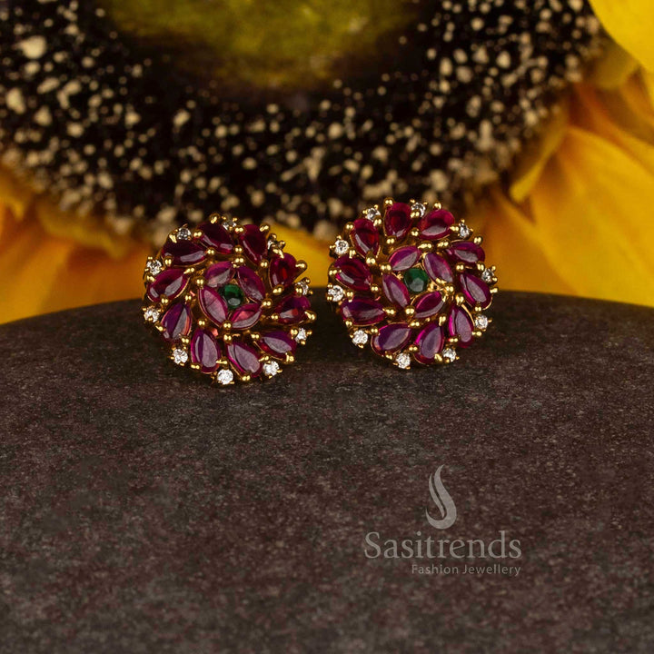 Divine Spark Premium Temple Matte Gold Plated Round Cluster Stud Earrings with Elegant Teardrop Stone Accents