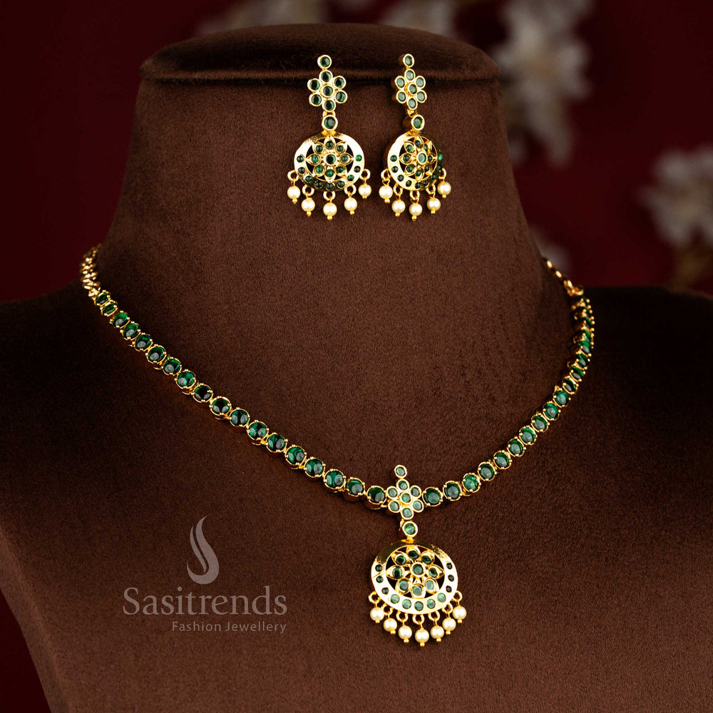 Majestic American diamond matte gold plated floral round stone traditional attigai necklace designed in green colour for festive cultural wear and ceremonial occasions – Sasitrends