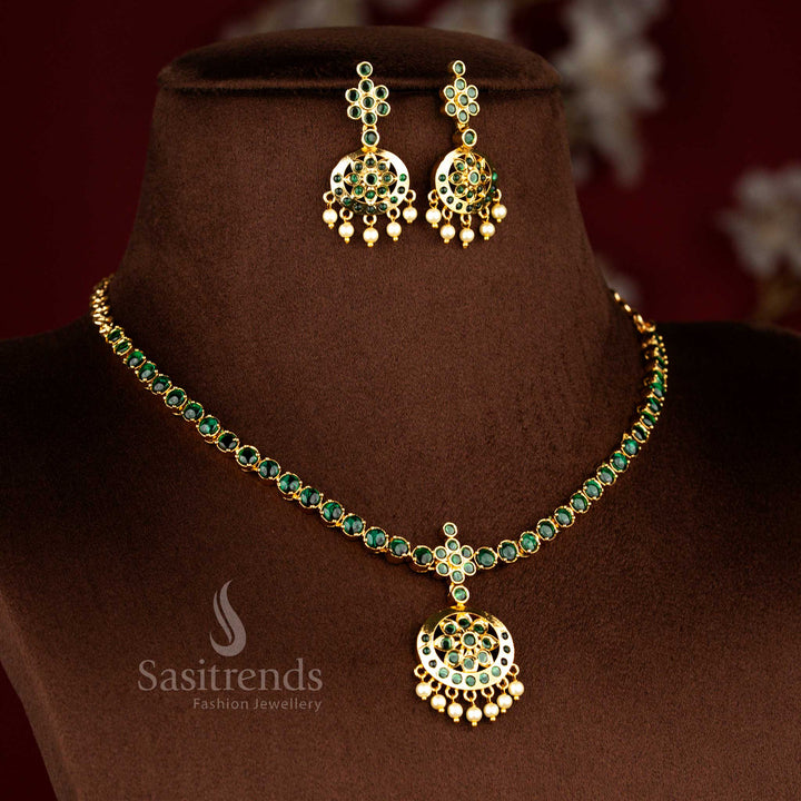 Majestic American diamond matte gold plated floral round stone traditional attigai necklace designed in green colour for festive cultural wear and ceremonial occasions – Sasitrends