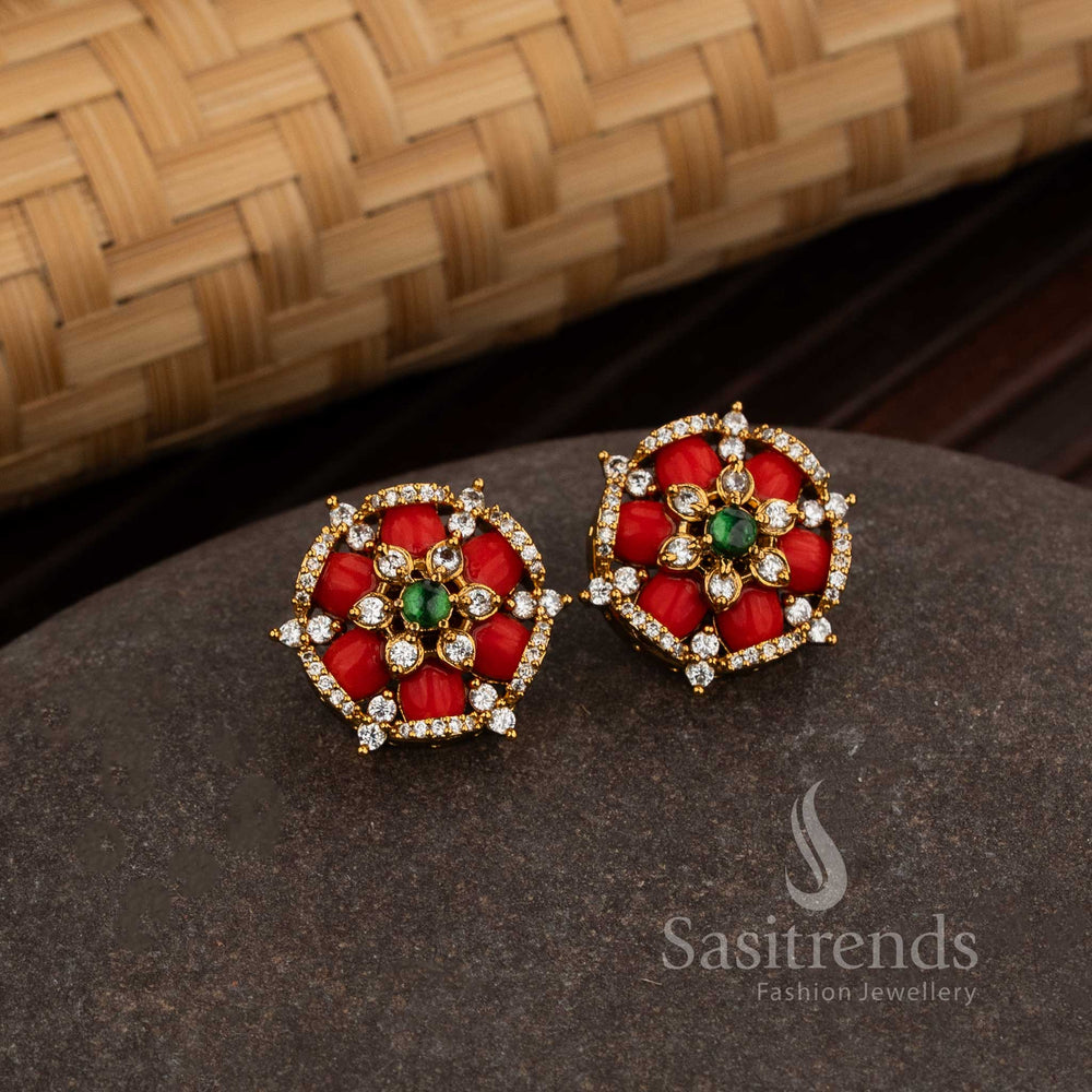 Elegant Matte Gold Round Floral Stud Earrings With Pavalam AD Stone Detailing, Showcasing A Classic And Festive Jewellery Style Ideal For Grand Celebrations – Sasitrends