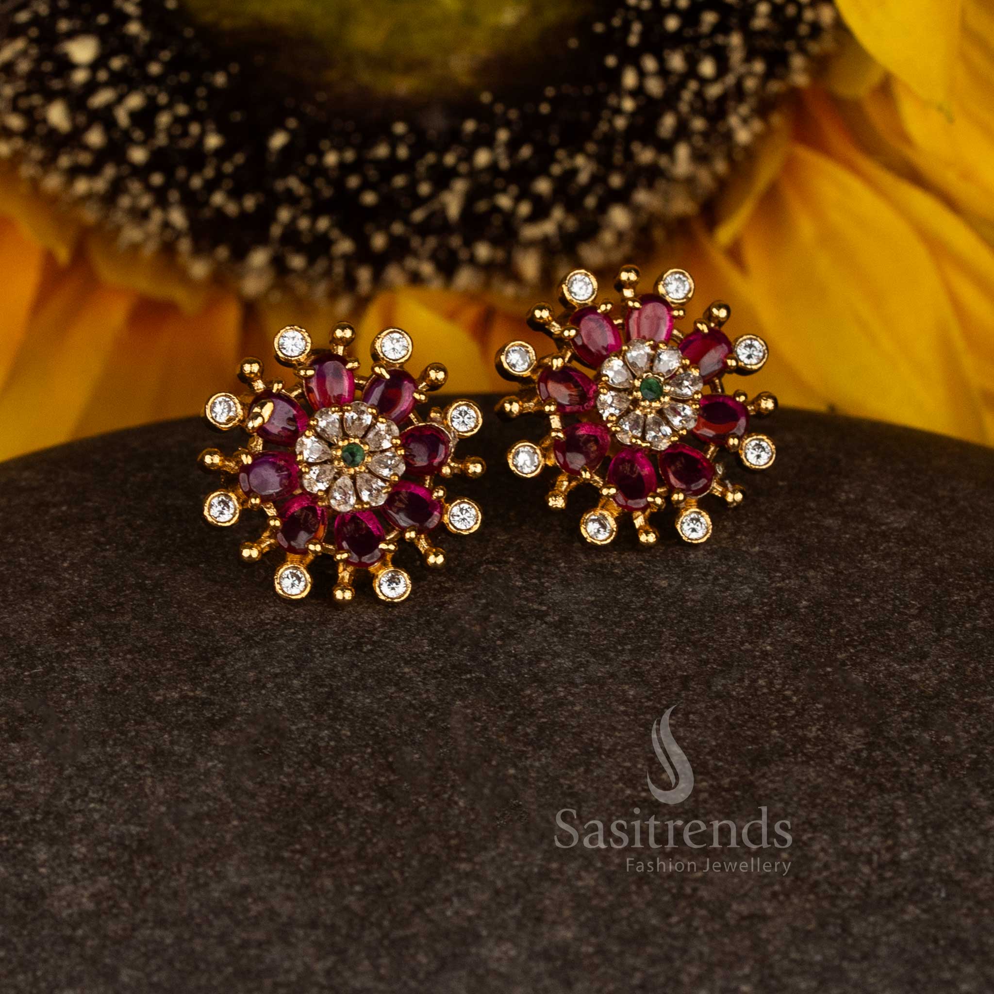 Graceful celestial bloom matte gold plated starburst temple stone stud earrings crafted for traditional festive beauty and divine charm - Sasitrends