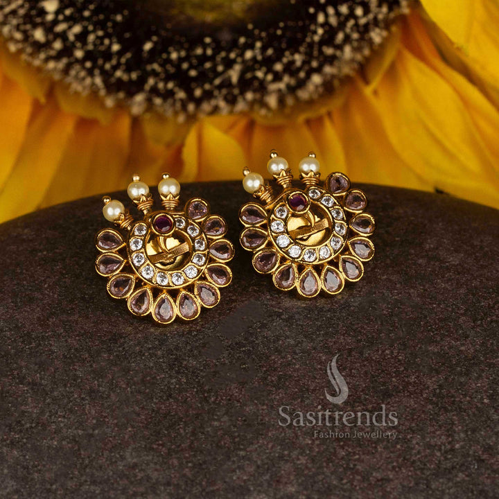Radiant Matte Gold Plated Temple Round Floral Cluster Stud Earrings with Teardrop Stones Pearls