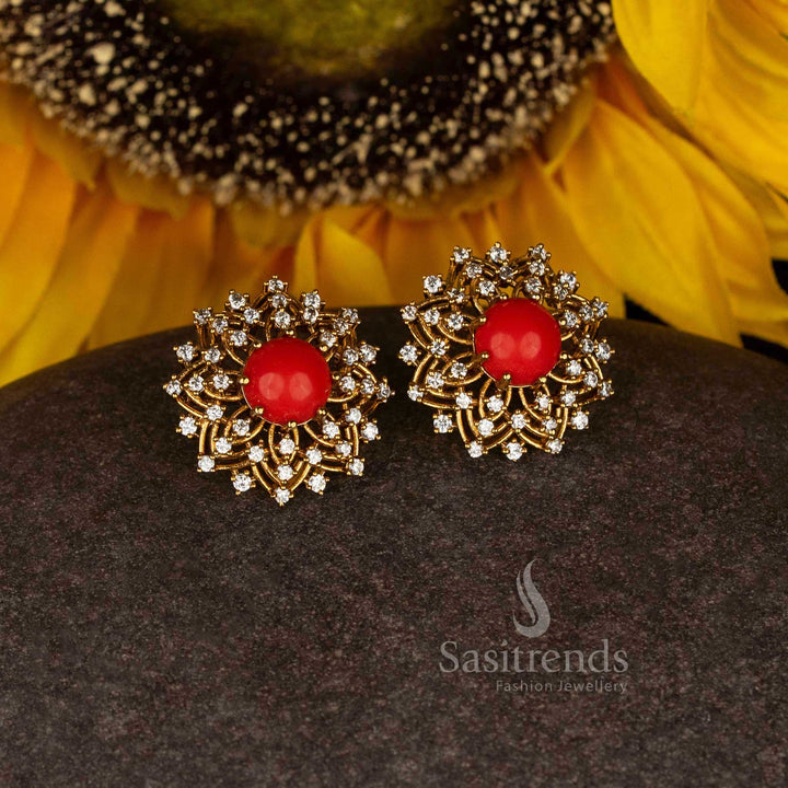 Sacred Matte Gold Plated Temple Round Floral Filigree Cluster Stud Earrings with Pavalam and Stones