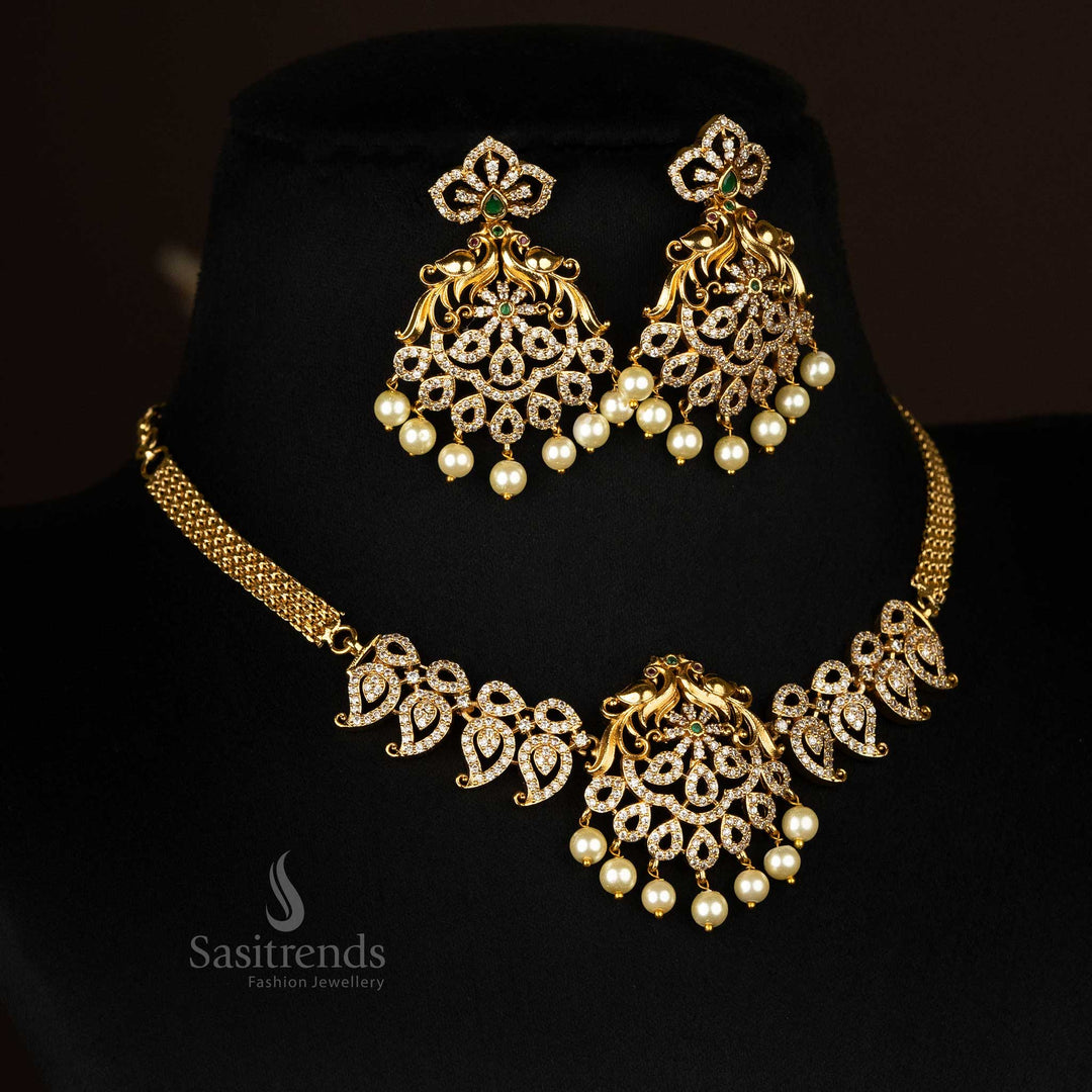 Temple Gold Plated Peacock American Diamond Choker Necklace Set with AD Stones - Sasitrends