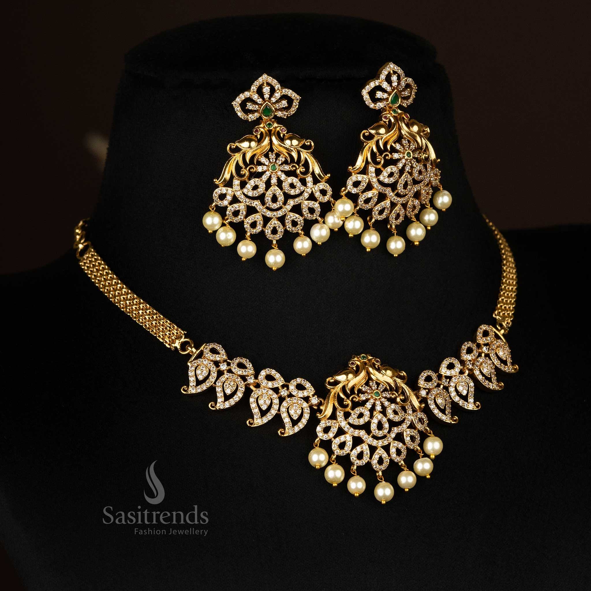 Temple Gold Plated Peacock American Diamond Choker Necklace Set with AD Stones - Sasitrends