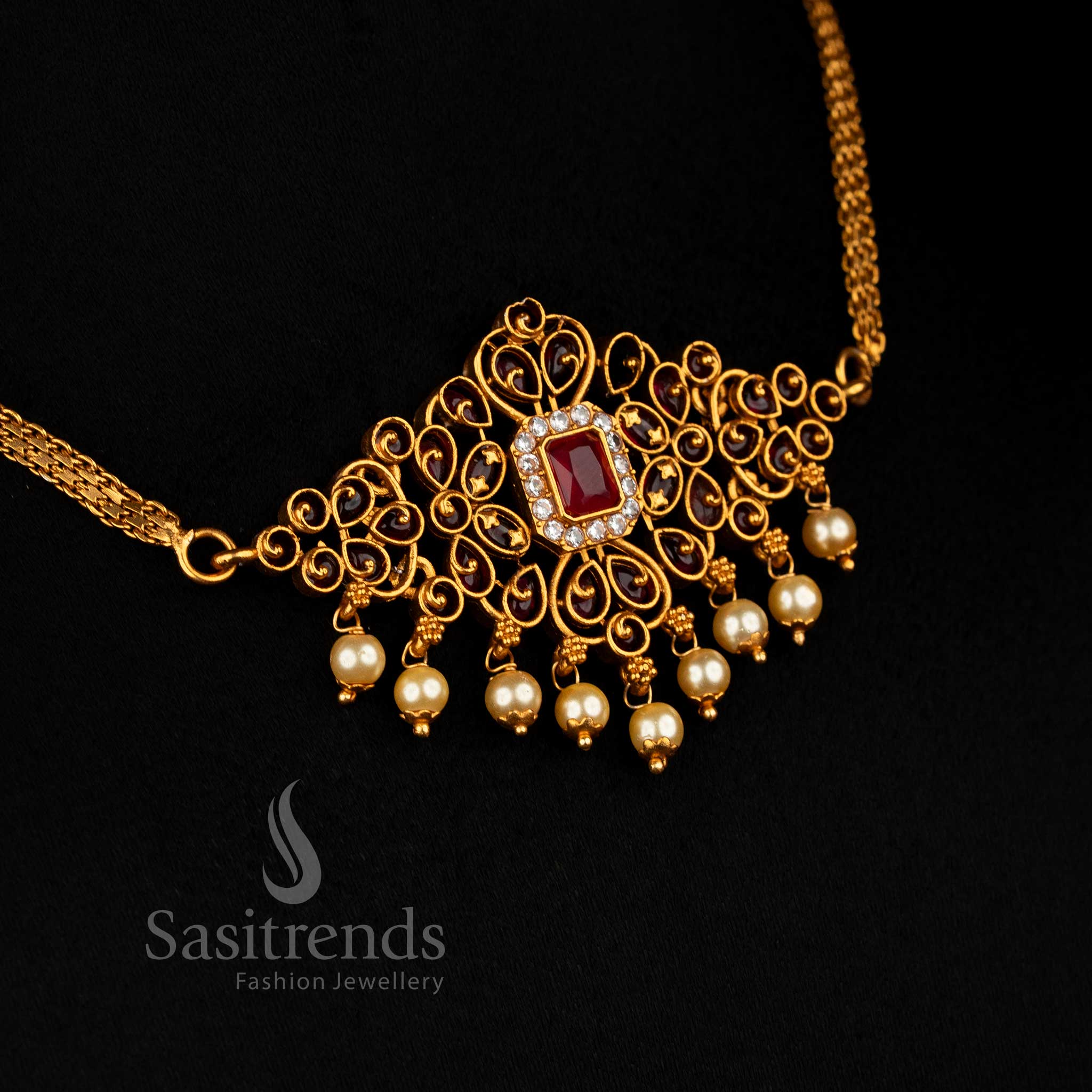 Graceful Temple Matte Gold Plated Floral Rectangular Stone Choker Jewellery Set in ruby-white tone, exuding divine charm for elegant women — Sasitrends