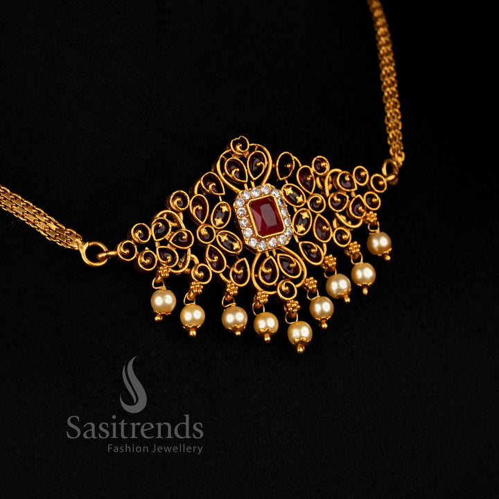 Graceful Temple Matte Gold Plated Floral Rectangular Stone Choker Jewellery Set in ruby-white tone, exuding divine charm for elegant women — Sasitrends