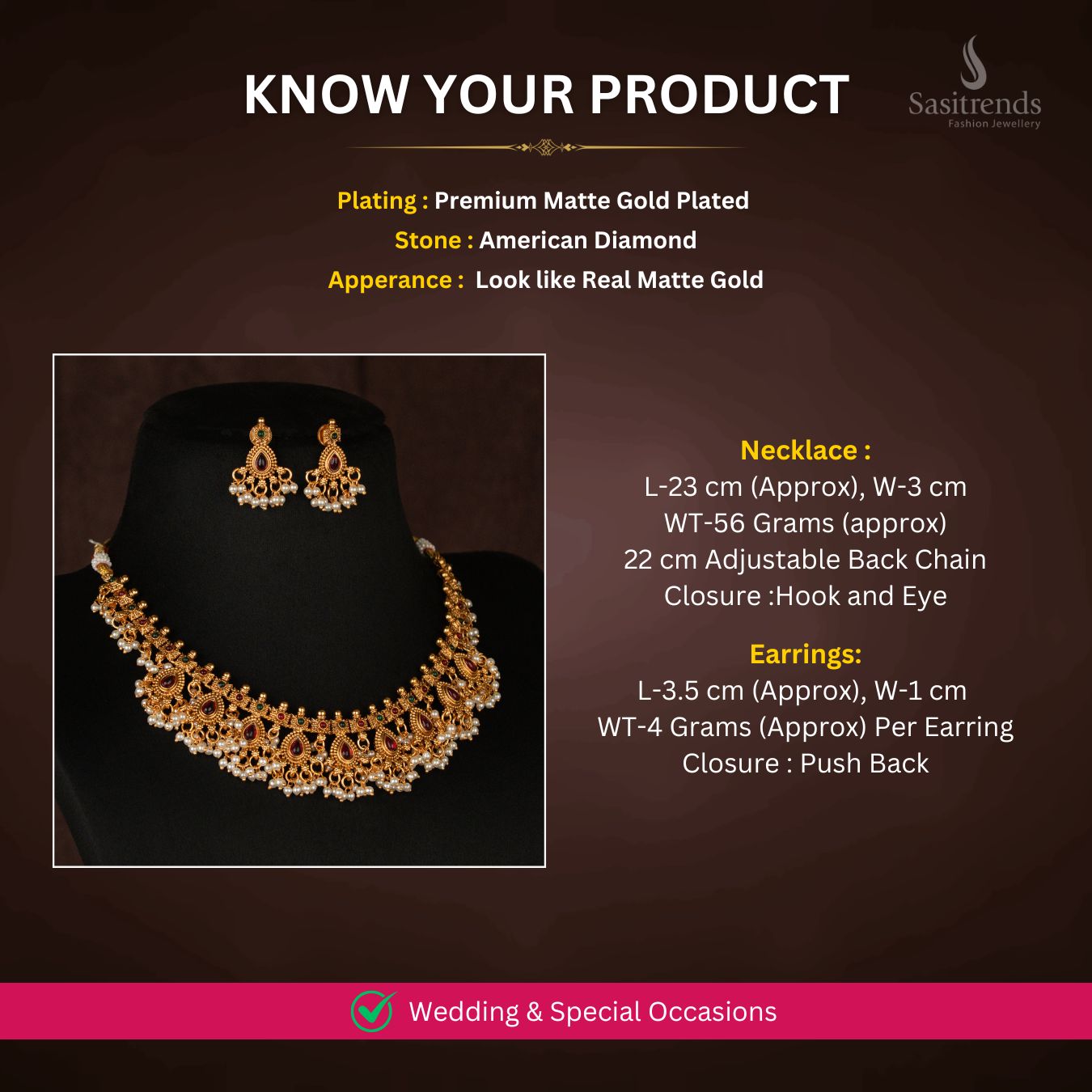 Matte Gold plated Necklace Jewellery Set Measurement Image - Sasitrends