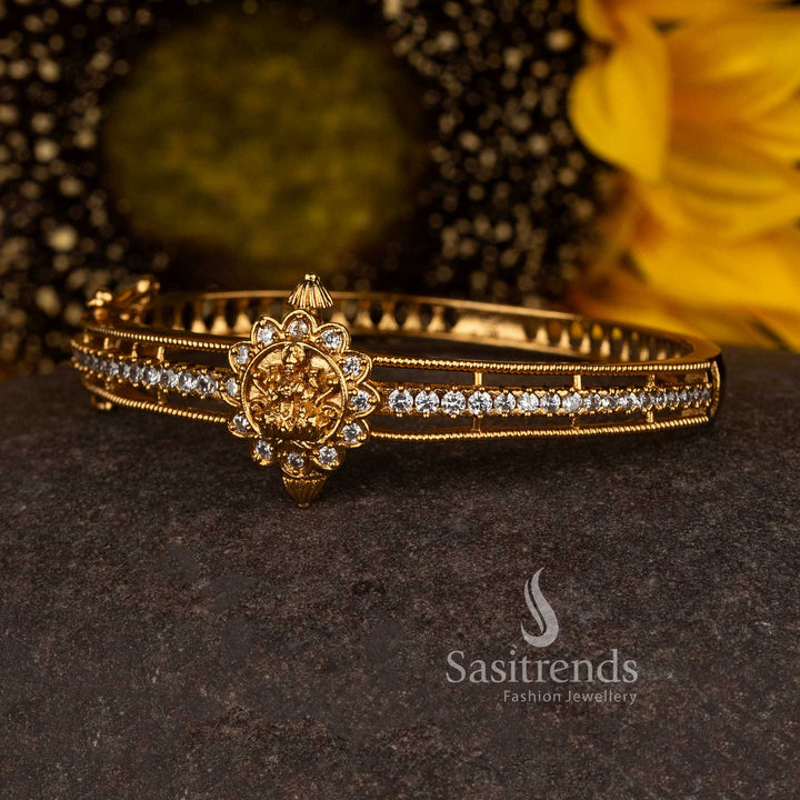 Traditional Temple Matte Gold Plated Lakshmi Floral Medallion Openable Bracelet with Sparkling AD Stones
