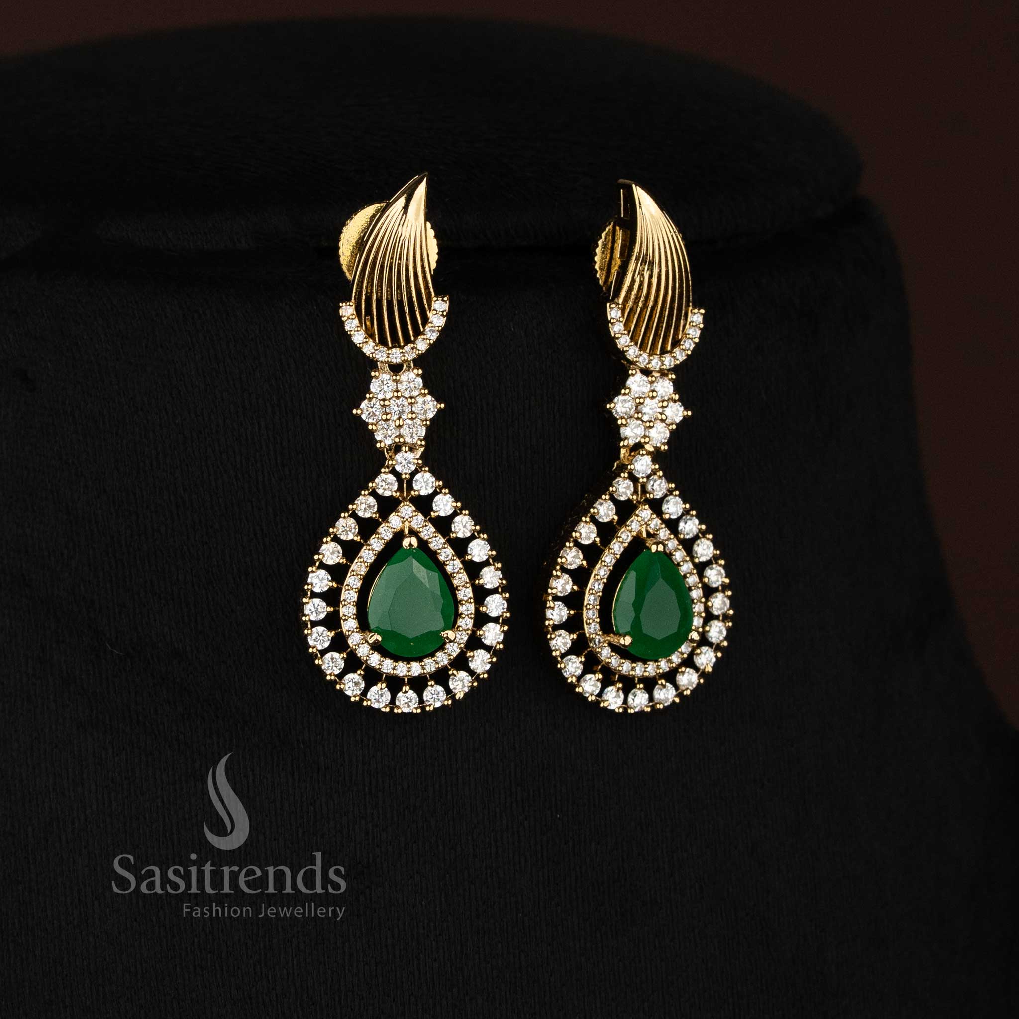 Emerald Snow Drop mehendi gold white-green AD stone stud earrings designed for cheerful functions and refreshing festive styling – Sasitrends