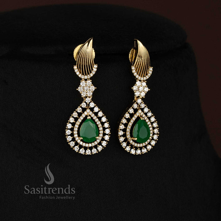 Emerald Snow Drop mehendi gold white-green AD stone stud earrings designed for cheerful functions and refreshing festive styling – Sasitrends