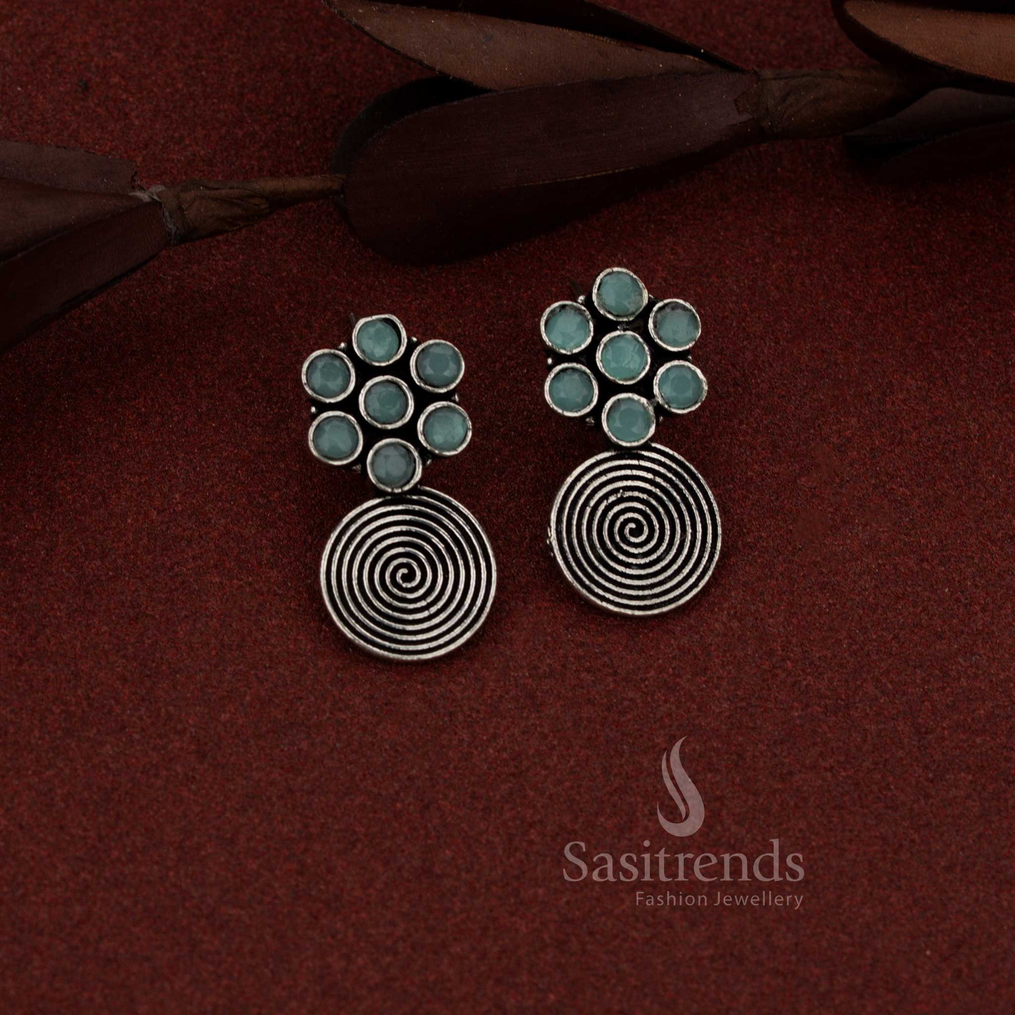 Glamorous oxidised spiral bloom drop earrings with mint touch great for workdays and evening strolls – Sasitrends