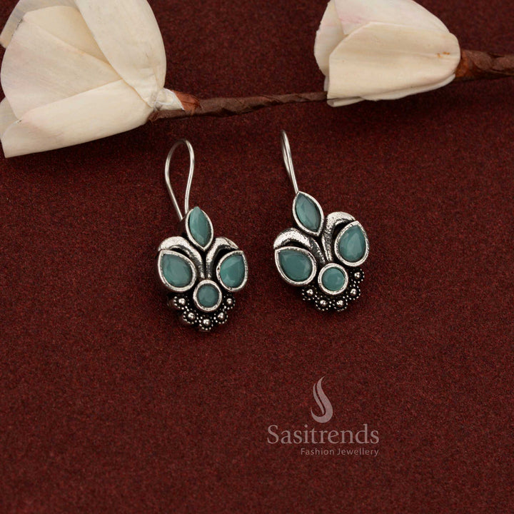Glamorous oxidised triple bloom drop earrings with mint highlights ideal for office breaks and meetups – Sasitrends