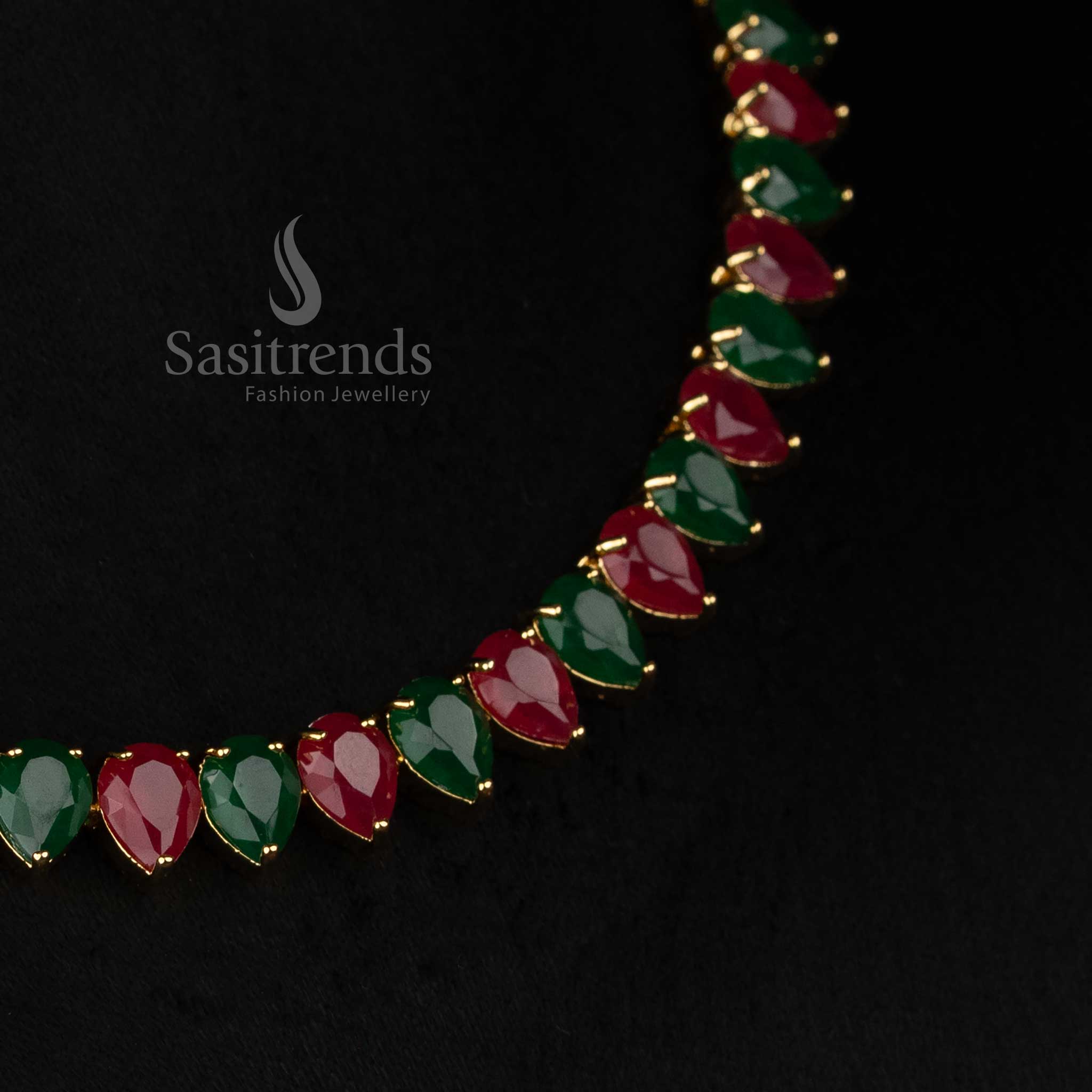 Elegant ruby-green teardrop necklace adorned with American Diamonds, micro gold plated, ideal for festive outings - Sasitrends