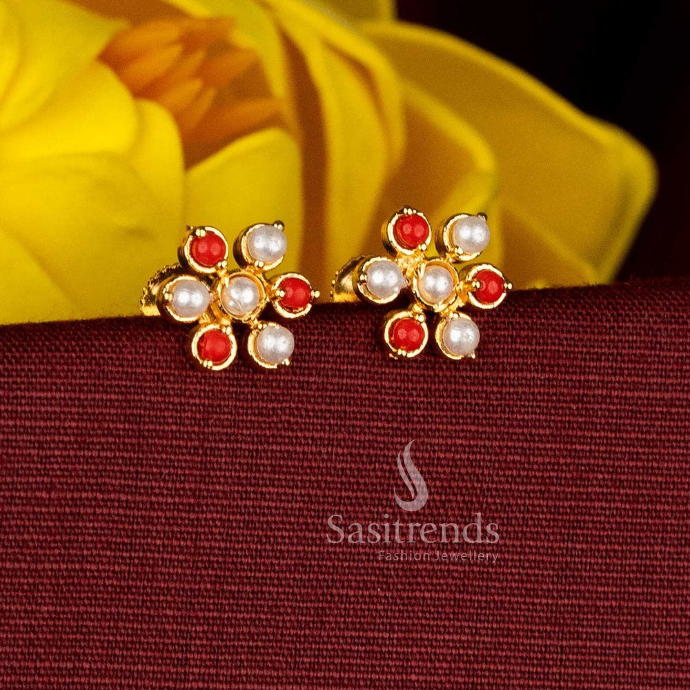Radiant pearl-pavalam micro gold plated AD floral round stud earrings featuring vibrant gemstone accents, perfect for temple ceremonies, traditional gatherings, and festive celebrations - Sasitrends